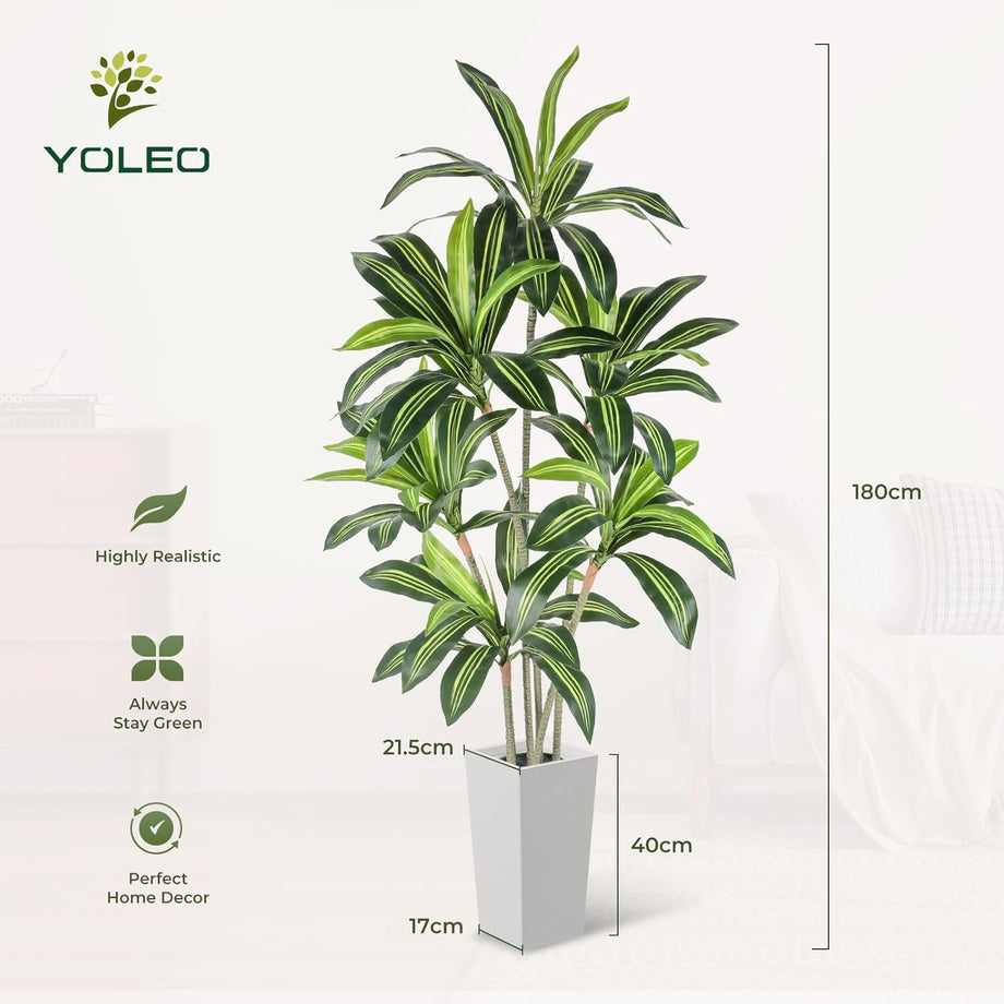 YOLEO 5FT/6FT Artificial Dracaena Tree with White Tall Planter, Lifelike Fake Silk Tree Indoor, Faux Dracaena Tall Plant for Living Room Bedroom Balcony Corner Office Decor