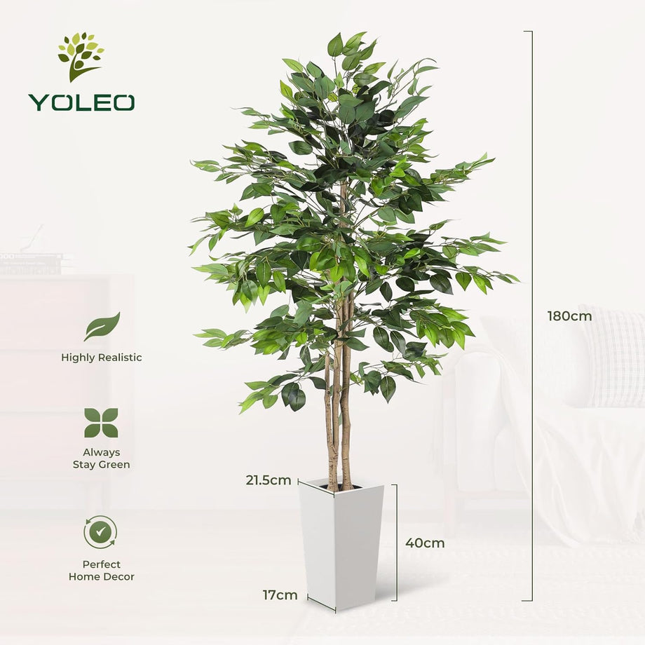 YOLEO 5FT/6FT Artificial Ficus Tree with White Tall Planter, Lifelike Fake Silk Tree Indoor, Faux Ficus Tall Plant for Living Room Bedroom Balcony Corner Office Decor