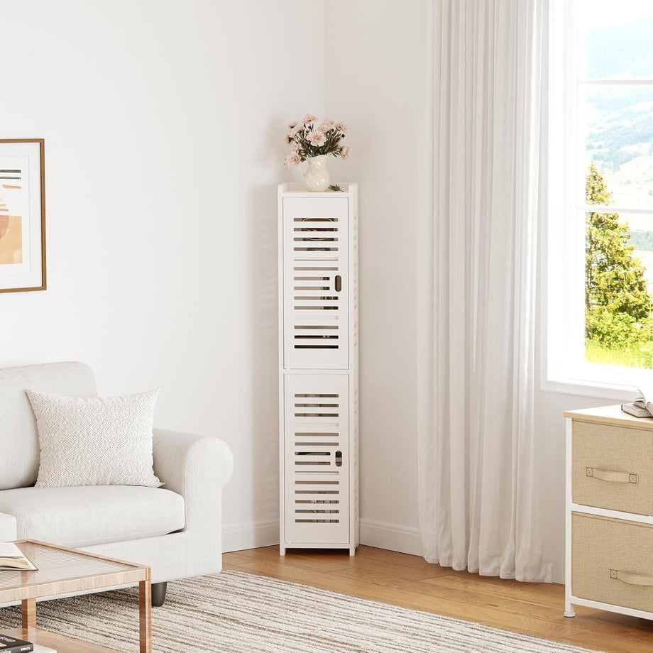 Dripex 7 Tier Tall Bathroom Floor Cabinet, 20W x 20D x 118H cm, Slim White Storage Cabinet with Door, Narrow Free Standing Cupboards Adjustable Shelves for Bathroom or Bedroom