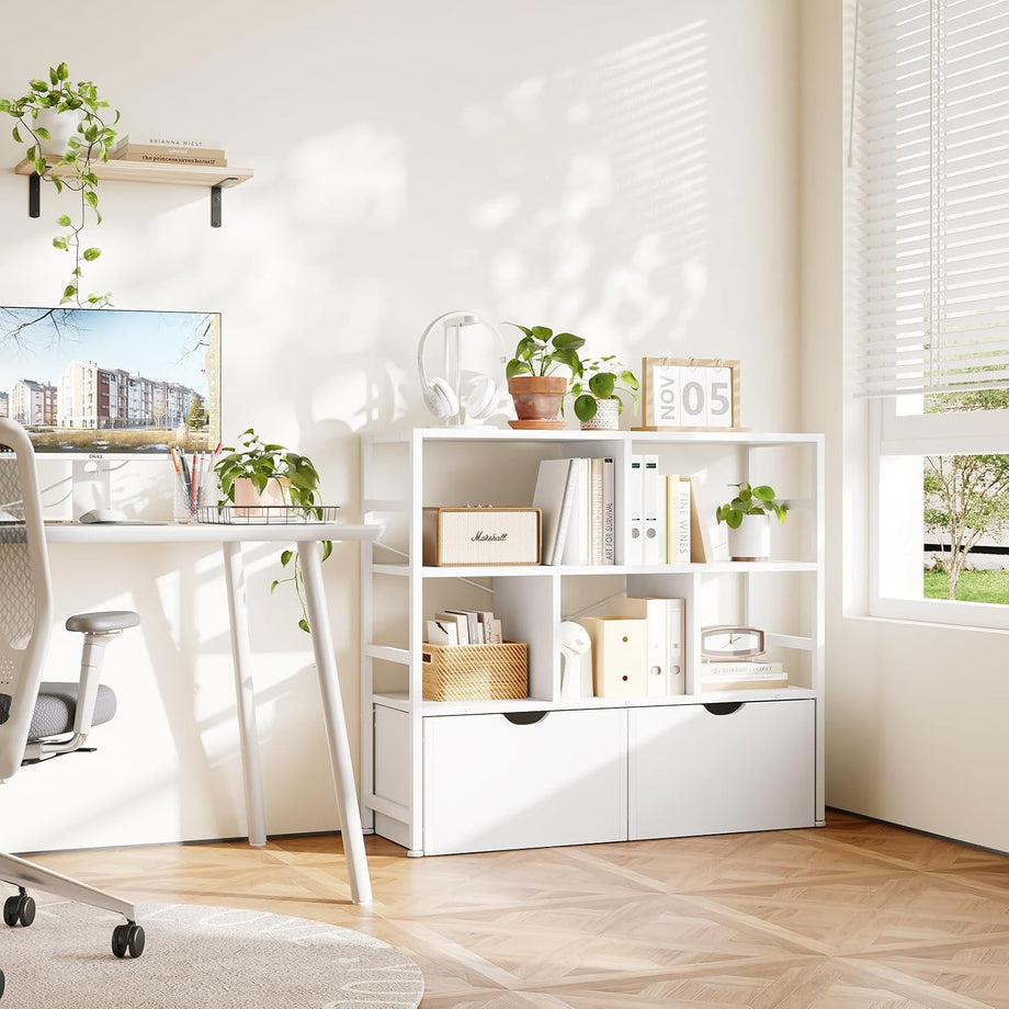 Dripex 4 Tier Wooden Rustic Brown Standing Shelves, 100D x 33W x 90H cm, 5 Compartments & 2 Drawers with Swivel Casters，Display Storage Shelf with Steel Frame, Low Bookcase for Living Room or Office