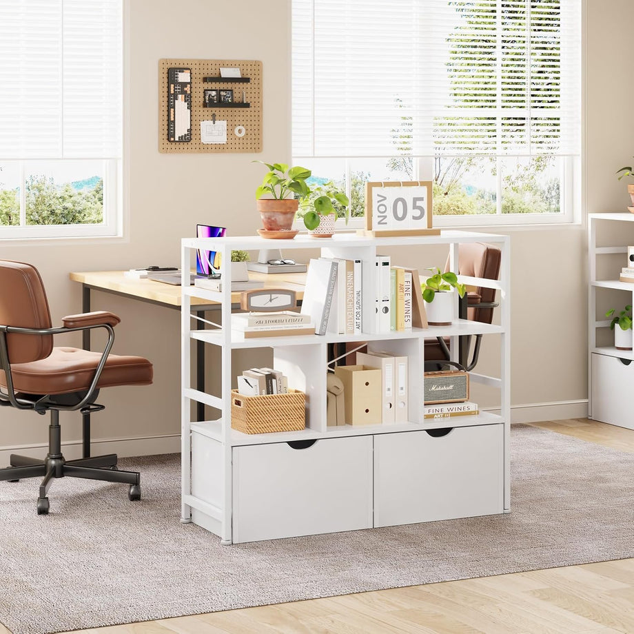 Dripex 4 Tier Wooden Rustic Brown Standing Shelves, 100D x 33W x 90H cm, 5 Compartments & 2 Drawers with Swivel Casters，Display Storage Shelf with Steel Frame, Low Bookcase for Living Room or Office