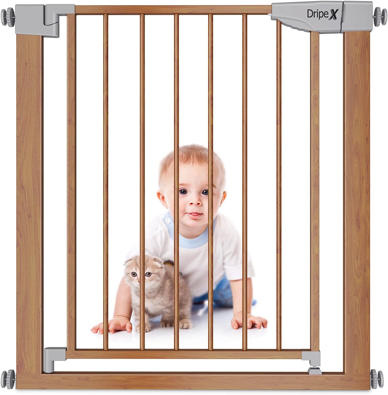 Stair Gate Pet Safety Pressure Fit Metal Doors Stairs Adjustable 75cm 82cm Auto Close Gate One Handed Operation Wood Pattern