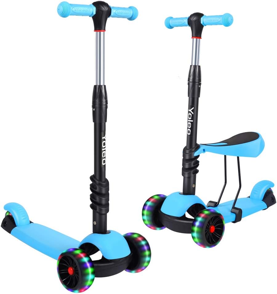 Three Wheel Kick Scooter Removable Seat LED Flashing Wheels Height Adjustable Scooter