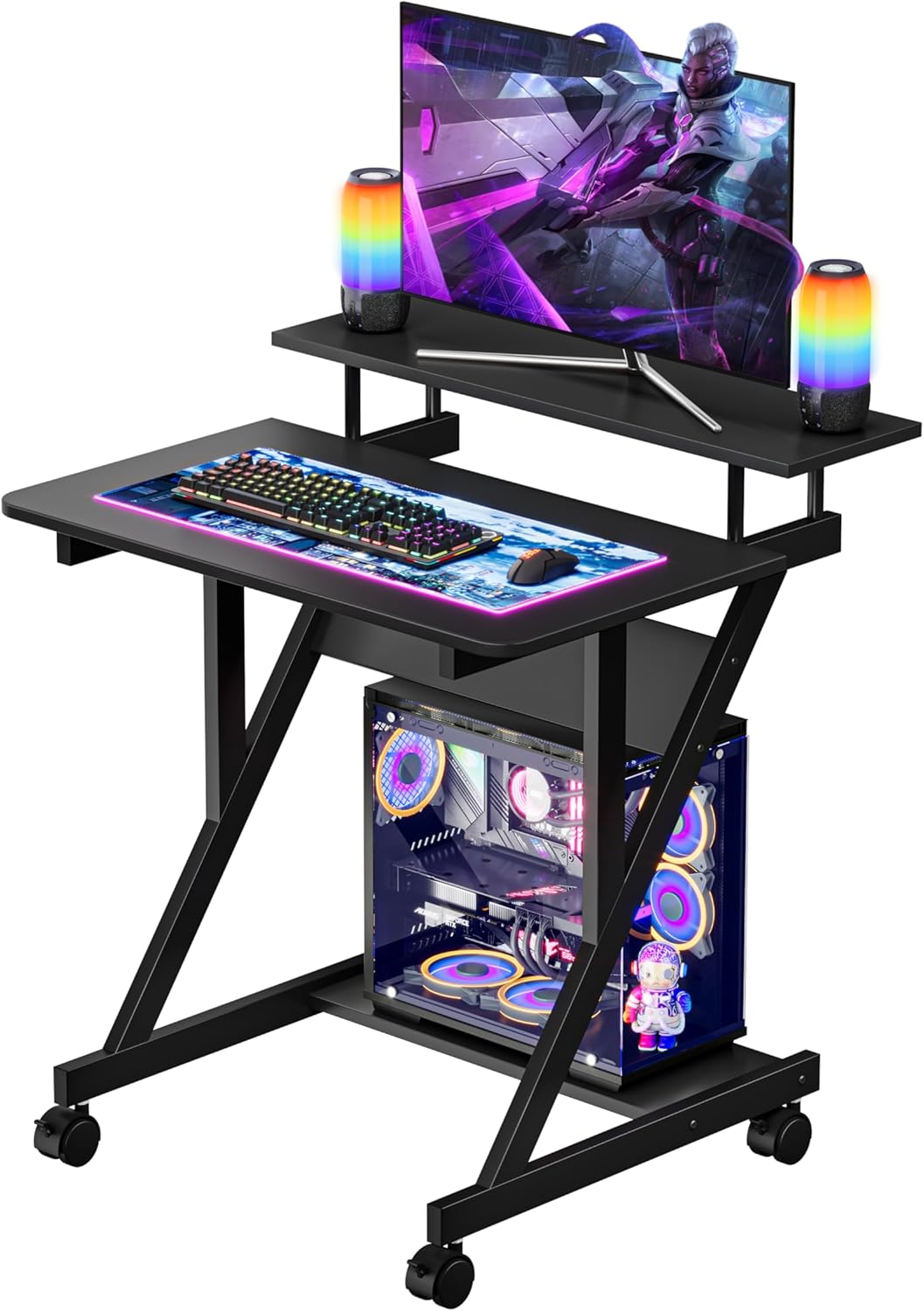 Computer Desk Monitor Shelf Mobile Z Shaped Home Office Desk Storage Shelves Movable Wheels Small Spaces Compact Corner Desk Space Saving