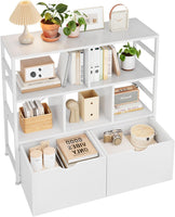 Dripex 4 Tier Wooden Rustic Brown Standing Shelves, 100D x 33W x 90H cm, 5 Compartments & 2 Drawers with Swivel Casters，Display Storage Shelf with Steel Frame, Low Bookcase for Living Room or Office