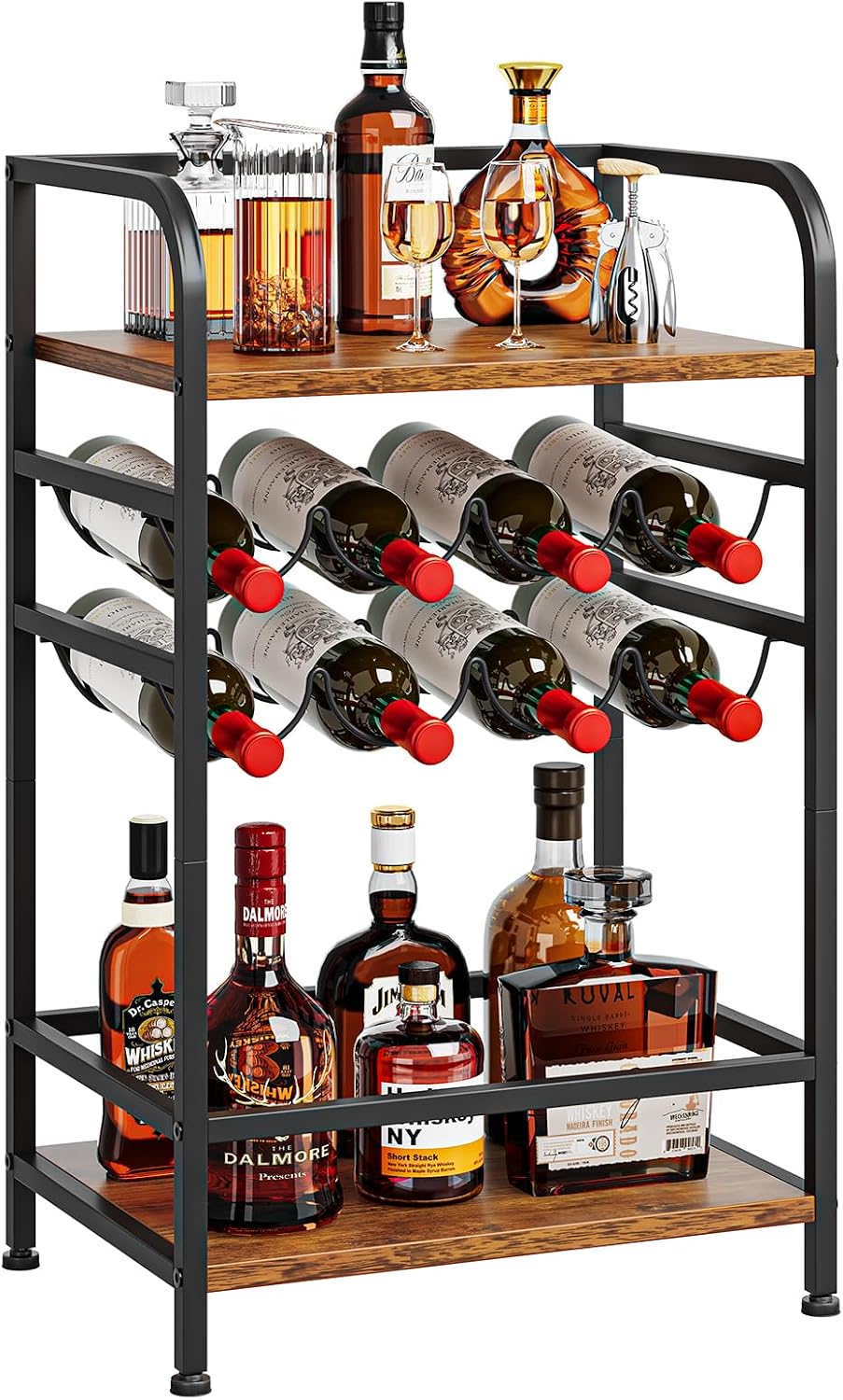 Dripex Wine Rack Free Standing Floor with Storage Shelves, 2-Tier 8 Bottles Wine Display Shelves with Wooden Table Top, Sturdy Metal Bottle Holder for Kitchen Bar Pantry (D43 x W30 x H75cm)