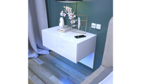 Dripex Floating Bedside Table with Drawer, Wall Mounted Bedside Cabinet with RGB LED Lights, High Gloss Cream White for Bedroom