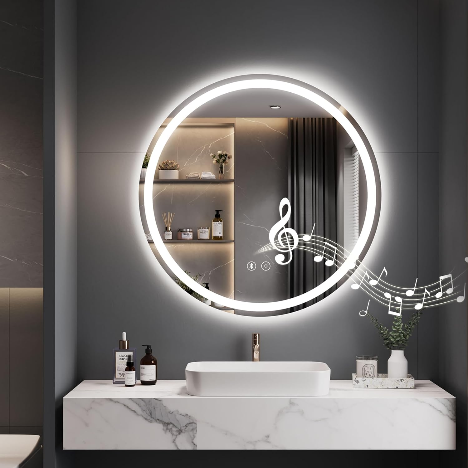 Bluetooth Round LED Bathroom Mirror Illuminated Circle Bathroom LED Mirror Speaker Anti fog Wall Mounted 3 Lighting Modes Dimmable Front+Backlit IP44