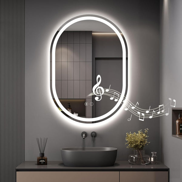 Dripex Bluetooth Oval Bathroom LED Mirror, Illuminated Backlit Wall Mounted Mirror with Demister, Anti-fog, 3 Lighting Modes, Dimming Light, IP44
