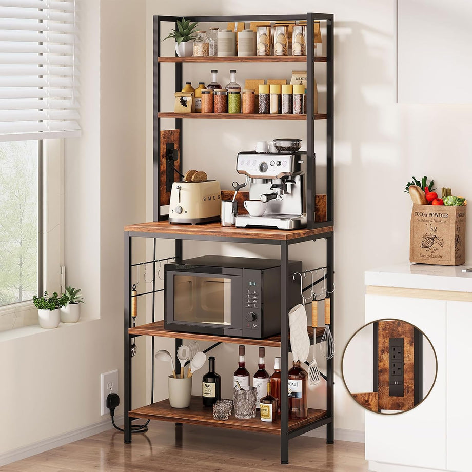 Dripex Baker's Rack, 65" Freestanding Kitchen Storage Shelf Unit with Hooks, 5-Tier Versatile Standing Bookshelf for Home, Kitchen, Living Room