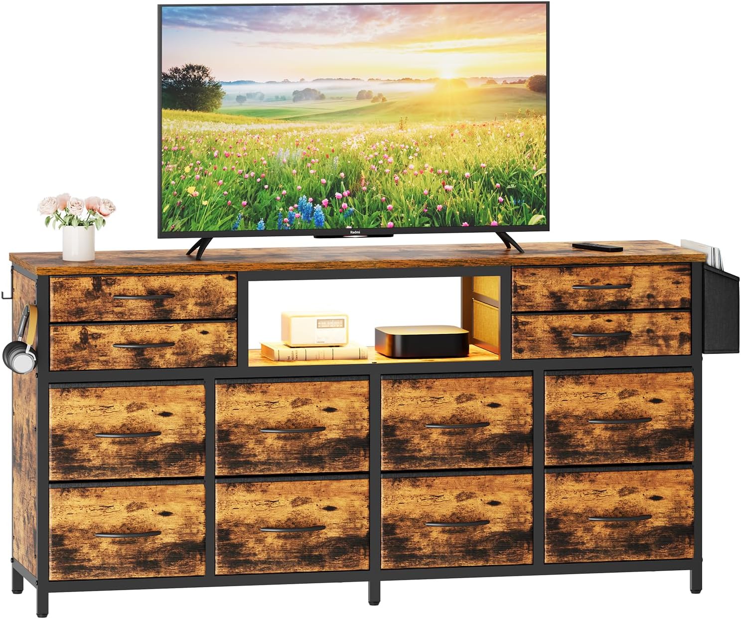 140 x 35 x 70cm TV Cabinet Stand Unit TVs up to 65 Inches 12 Drawers Storage Organizers Open Shelves RGB LED Lighted TV Gaming Entertainment Center Living Room