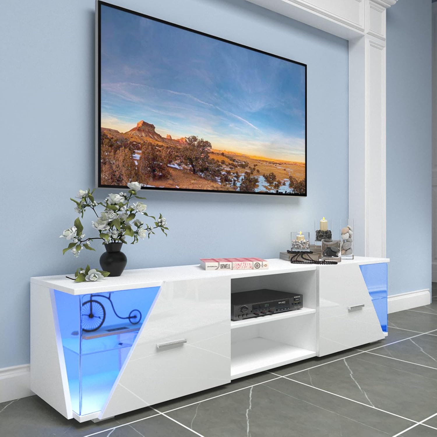 150cm High Gloss TV Cabinet Stand Modern TV Unit LED light Entertainment Unit Cupboard Storage Furniture Living Room Bedroom 32 40 43 50 55 60 65 inch 4k TV