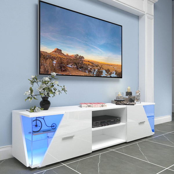 Dripex 150cm High Gloss TV Cabinet Stand, Modern TV Unit with LED light Entertainment Unit Cupboard with Storage Furniture for Living Room Bedroom for 32 40 43 50 55 60 65 inch 4k TV, White