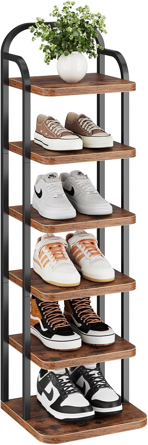 Dripex Adjustable Narrow Shoe Rack Organizer, Space Saving Vertical Tall Shoe Shelf, Sturdy Multifunctional Entryway Hallway Living Room Storage Shelf Rustic Brown