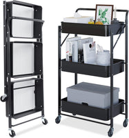 Dripex Foldable Storage Trolley Cart, 3-Tier Metal Rolling Organizer Cart with Casters, Mobile Utility Service Cart for Kitchen Bathroom Office Laundry