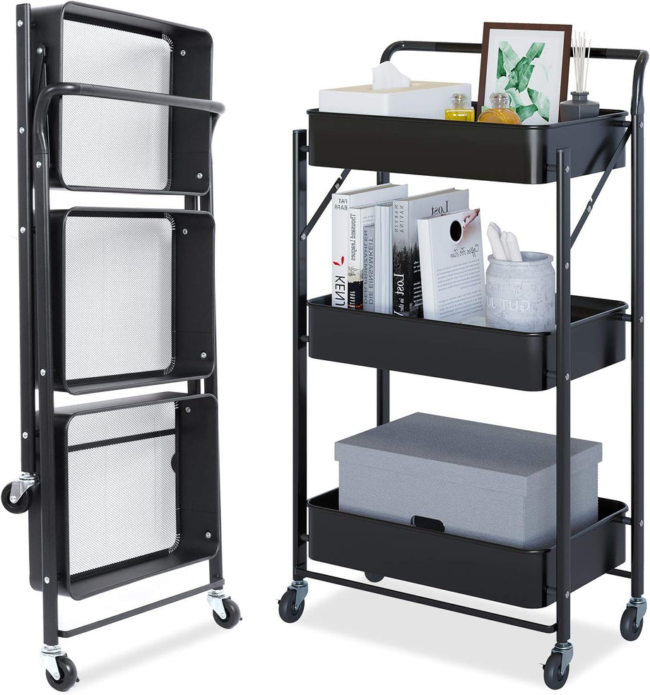 Dripex Foldable Storage Trolley Cart, 3-Tier Metal Rolling Organizer Cart with Casters, Mobile Utility Service Cart for Kitchen Bathroom Office Laundry
