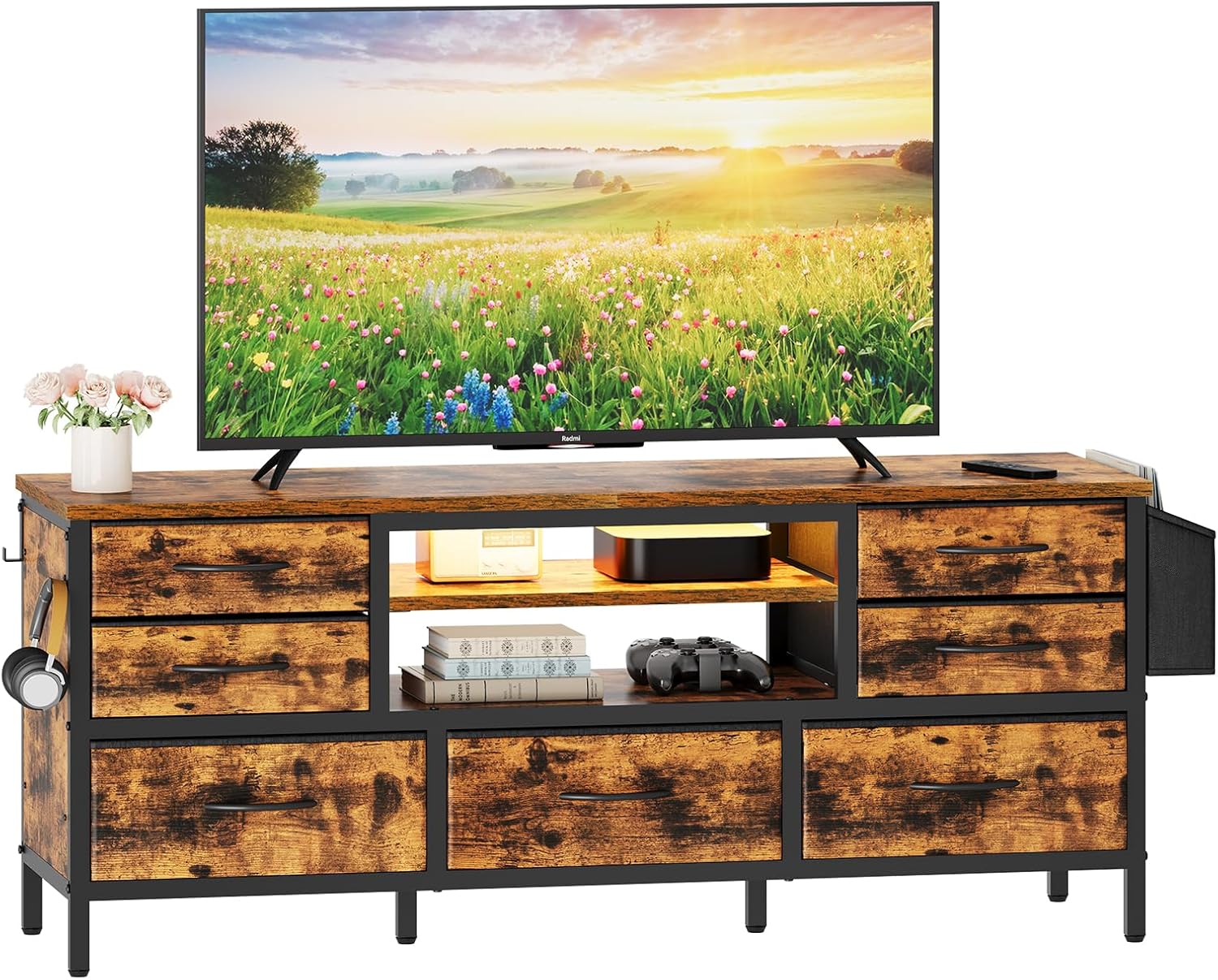 120 x 35 x 50cm TV Cabinet Stand Unit TVs up to 55 Inches 7 Drawers Storage Organizers Open Shelves RGB LED Lighted TV Gaming Entertainment Center Living Room