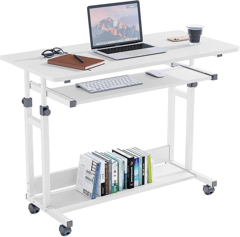 Dripex Computer Desk Mobile, Portable Office Desk with Movable Wheels, Height Adjustable Study Desk, Home Office Desk with Keyboard Tray and Shelf for Small Spaces