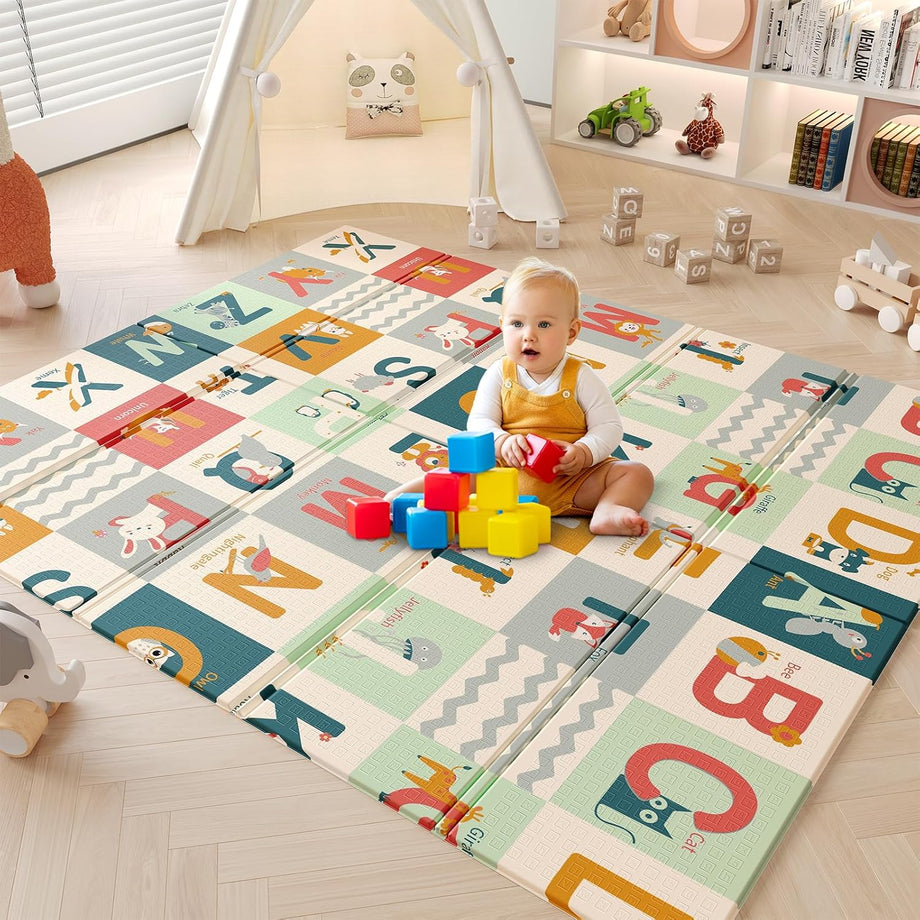 Dripex 177 × 148cm Baby Play Mat, Large Foam Crawling Playmat, Foldable Reversible Waterproof Non Toxic Portable Floor Mat with Letters and Numbers for Baby