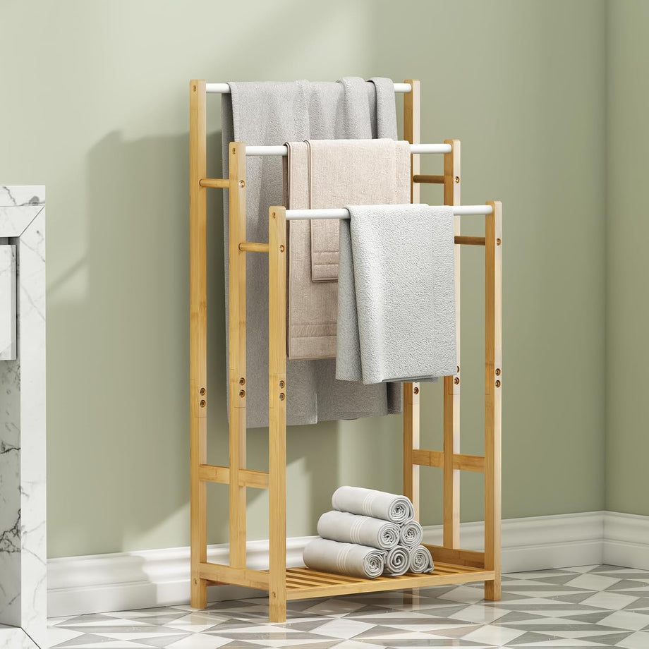 Dripex Freestanding Towel Rack, Towel Shawls Holder with Bamboo Storage Shelf, Stainless Steels Rods, Bamboo Frame, Lightweight, for Home, Bathroom (L46xW24xH66/76/86cm)/(L46xW24xH76/86/96cm)