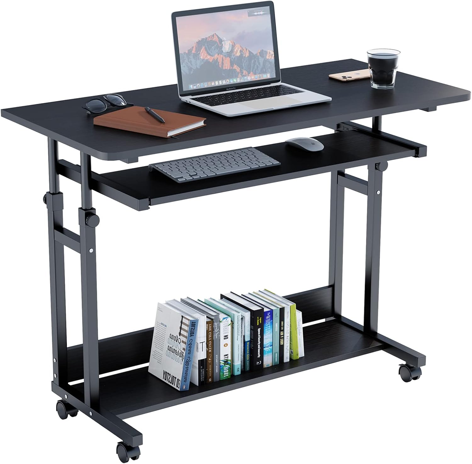 Computer Desk Mobile Portable Office Desk Movable Wheels Height Adjustable Study Desk Home Office Desk Keyboard Tray Shelf Small Spaces