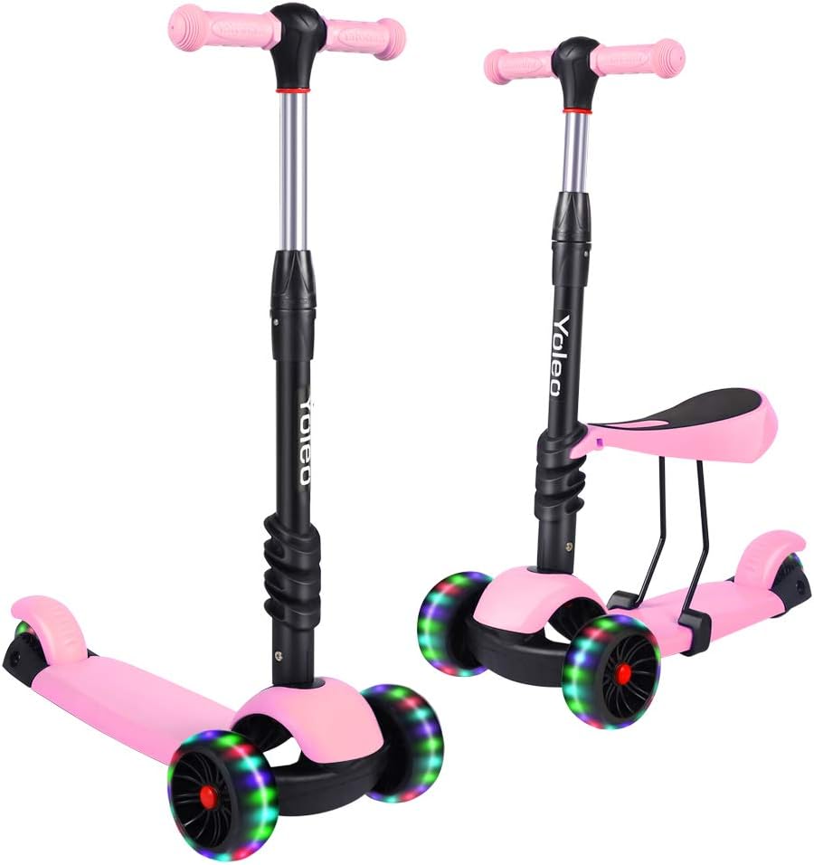 YOLEO Kids Three Wheel Kick Scooter with Removable Seat, LED Flashing Wheels, Height Adjustable Scooter