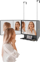 Dripex 3 Way Mirror with Storage Shelf, Trifold Self Haircut 360° Barber Mirror with Height Adjustable Hooks for Makeup, Styling, Shaving, Braiding, Dye Hair