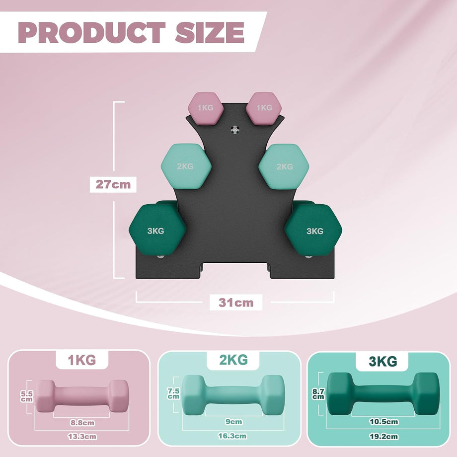 Dripex Weight Dumbbell Set with Storage Stand, Weights Lifting Gym Fitness | Dumbbells for Women Men, Anti-Roll Design, Home Gym Fitness, Pair of 1kg, 2kg, 3kg/1kg, 3kg, 5kg