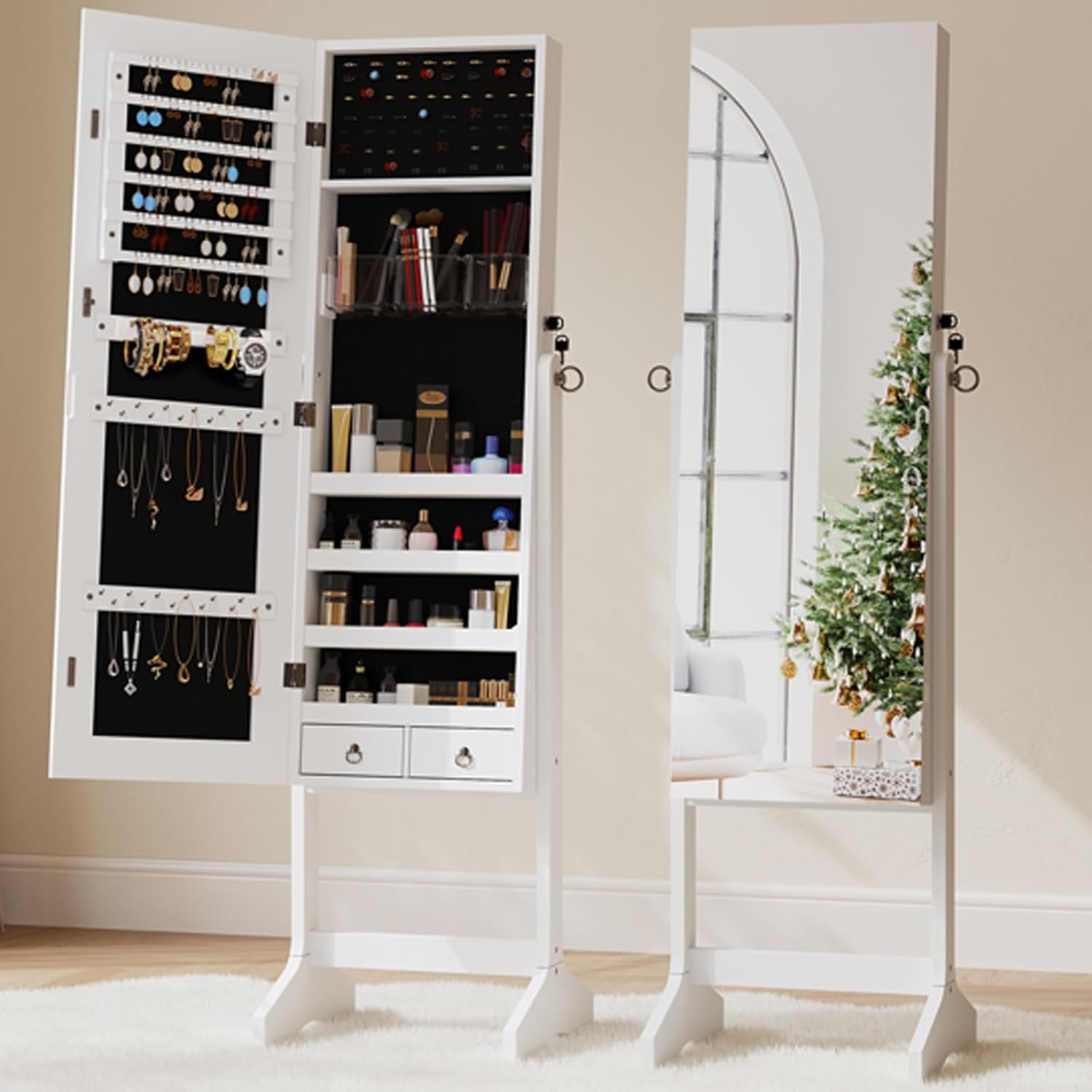 Jewelry Organiser Mirror Wardrobe Free Standing Mirror Large Storage Lockable Jewelry Armoire Unit 3 Angles Adjustable