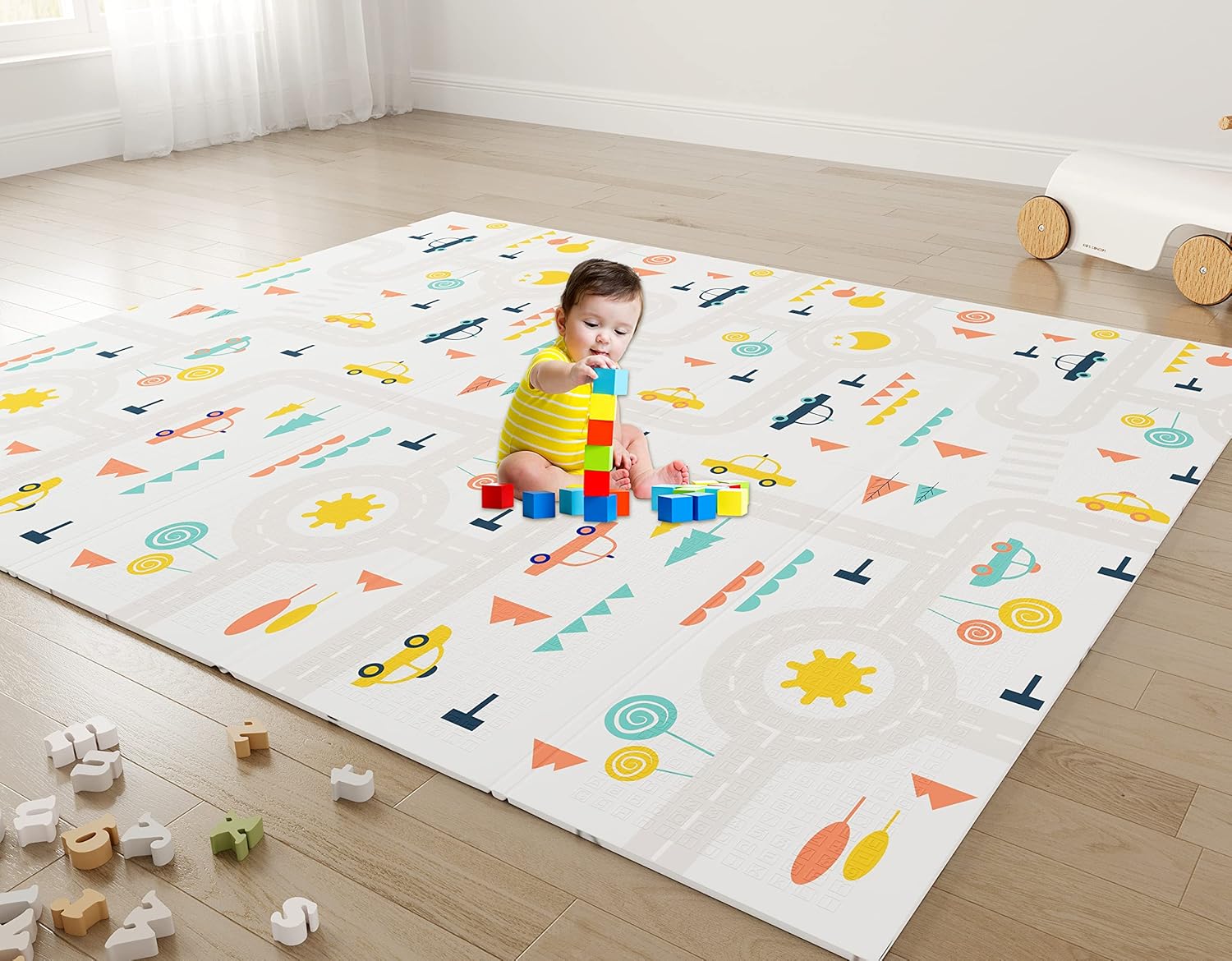 Play Mat 197 × 177 × 1cm Foldable Foam Playmat Floor Soft Waterproof Reversible Floor Crawling Mat Toddlers Infants Indoor Outdoor Use