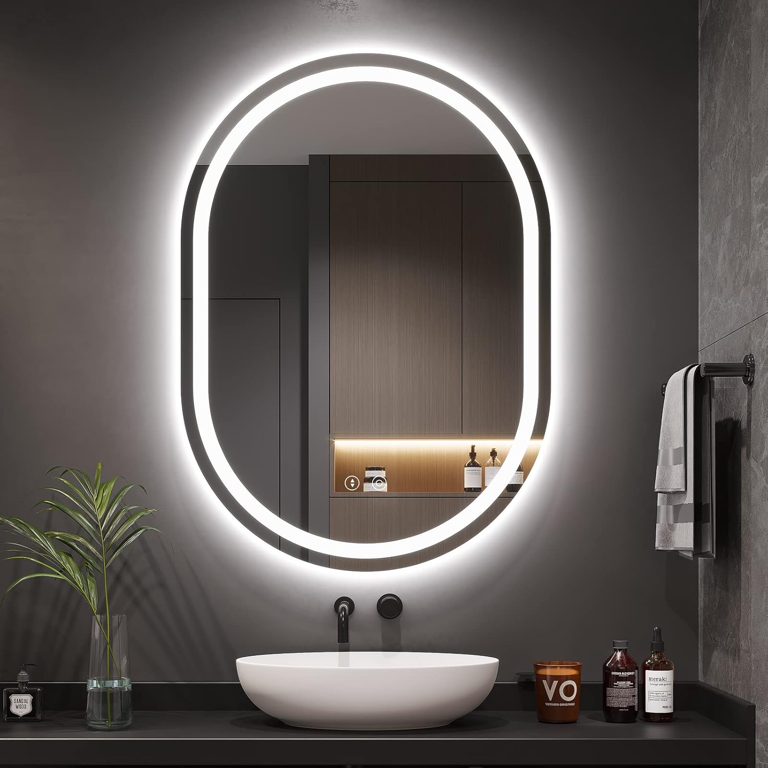 Oval LED Bathroom Mirror Light Illuminated Wall Mounted Vanity Mirror Anti fog 3 Colors Dimmable Light Memory Function IP44 Demister Mirror Backlit Lights Bathroom