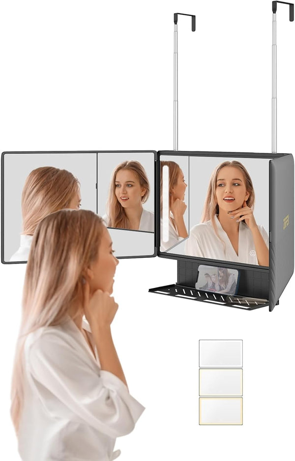Dripex 3 Way Mirror with Storage Shelf and 3 Color LED Lights, Rechargeable Trifold Self Haircut 360° Mirror with Height Adjustable Hooks for Makeup, Styling, Shaving, Braiding, Dye Hair