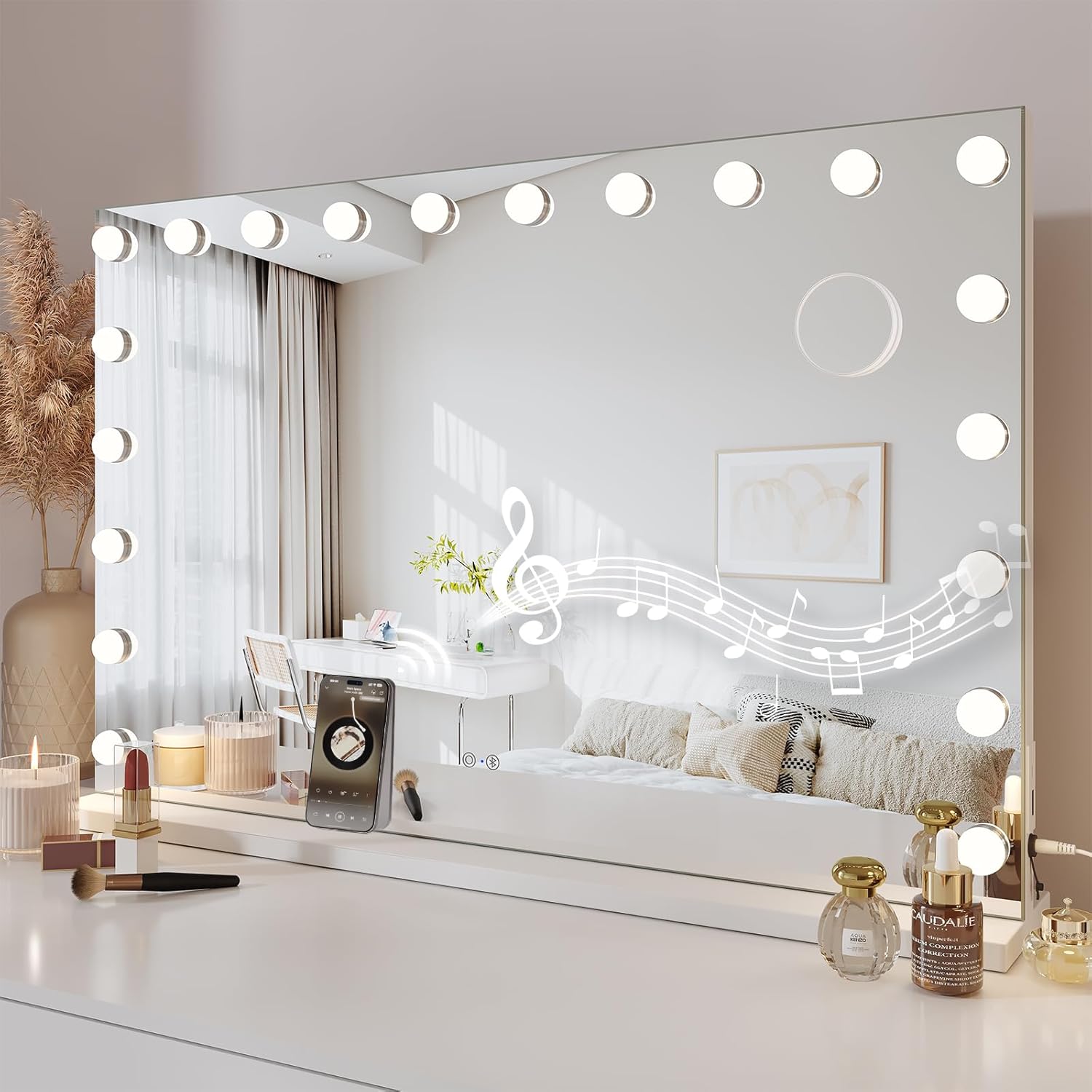 15 18 20 Dimmable LED Bluetooth Hollywood Vanity Mirror Lights Large Makeup Mirror 3 Lighting Modes USB &amp Type C Output Port Tabletop or Wall Mounted Bedroom
