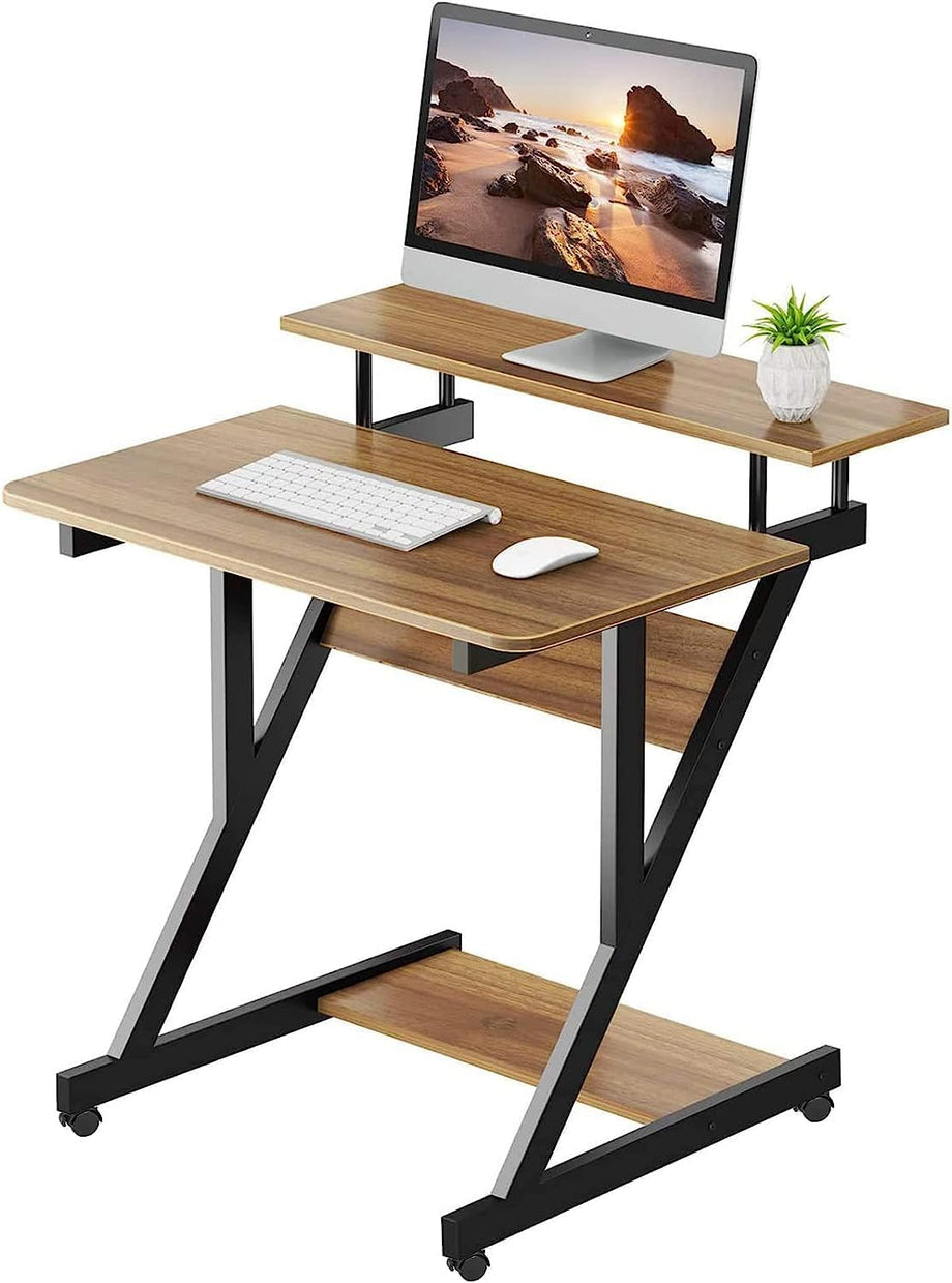 Dripex Computer Desk with Monitor Shelf - Mobile Z Shaped Home Office Desk with Storage Shelves and Movable Wheels for Small Spaces, Compact Corner Desk Space-Saving