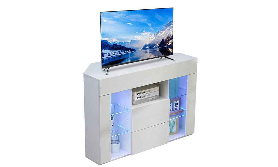 Dripex 100cm Corner TV Unit, High Gloss TV Stand with RGB Lights & Storage, Cabinet for 32–50'' TVs, White