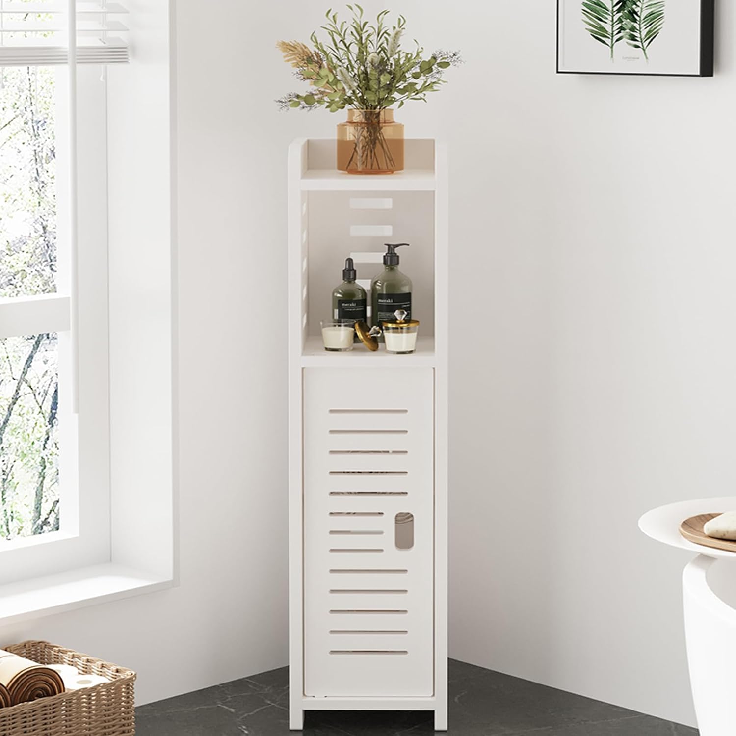 4 Tier Bathroom Floor Cabinet 18W x x 80H cm Slim Storage Cabinet Door Narrow Free Standing Cupboards Adjustable Shelves Bathroom or Bedroom