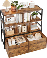 Dripex 4 Tier Wooden Rustic Brown Standing Shelves, 100D x 33W x 90H cm, 5 Compartments & 2 Drawers with Swivel Casters，Display Storage Shelf with Steel Frame, Low Bookcase for Living Room or Office
