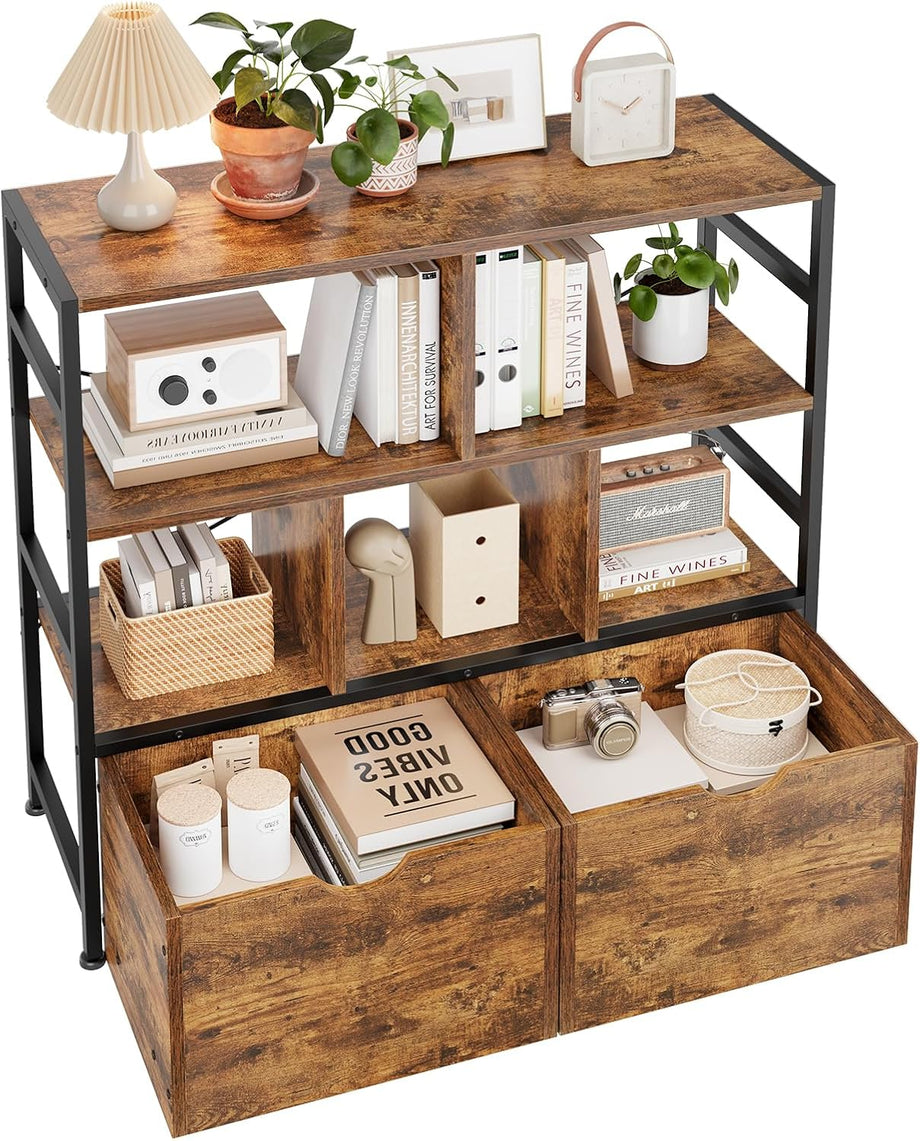 Dripex 4 Tier Wooden Rustic Brown Standing Shelves, 100D x 33W x 90H cm, 5 Compartments & 2 Drawers with Swivel Casters，Display Storage Shelf with Steel Frame, Low Bookcase for Living Room or Office