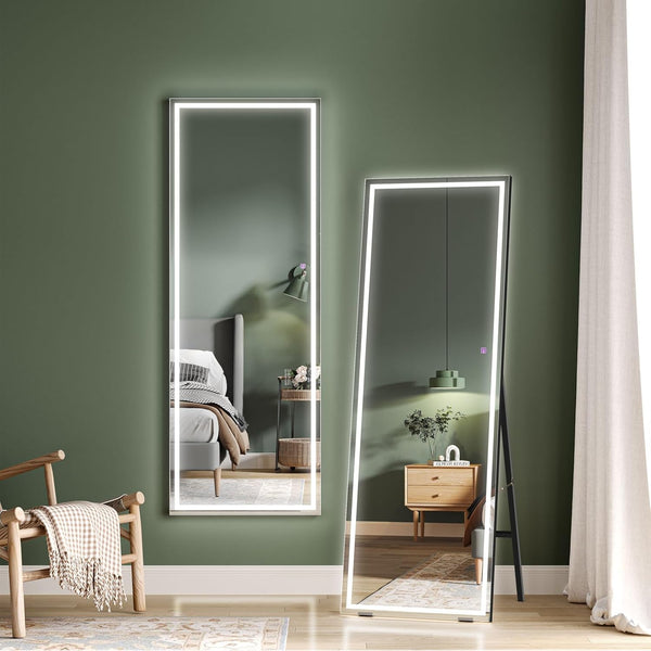 Dripex LED Full Length Floor Standing Mirror, Wall Mounted Mirror with Dimming & 3 Color Lighting for Bedroom