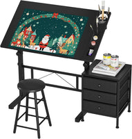 Dripex Adjustable Drafting Table, Tiltable Drawing Table with Stool, Art Craft Desk with Storage Drawers for Artwork, Computer Desk for Reading, Writing and Working at Home/Office
