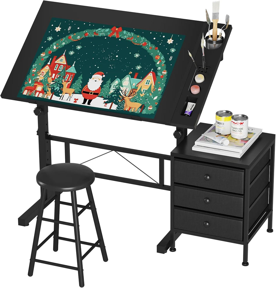 Dripex Adjustable Drafting Table, Tiltable Drawing Table with Stool, Art Craft Desk with Storage Drawers for Artwork, Computer Desk for Reading, Writing and Working at Home/Office