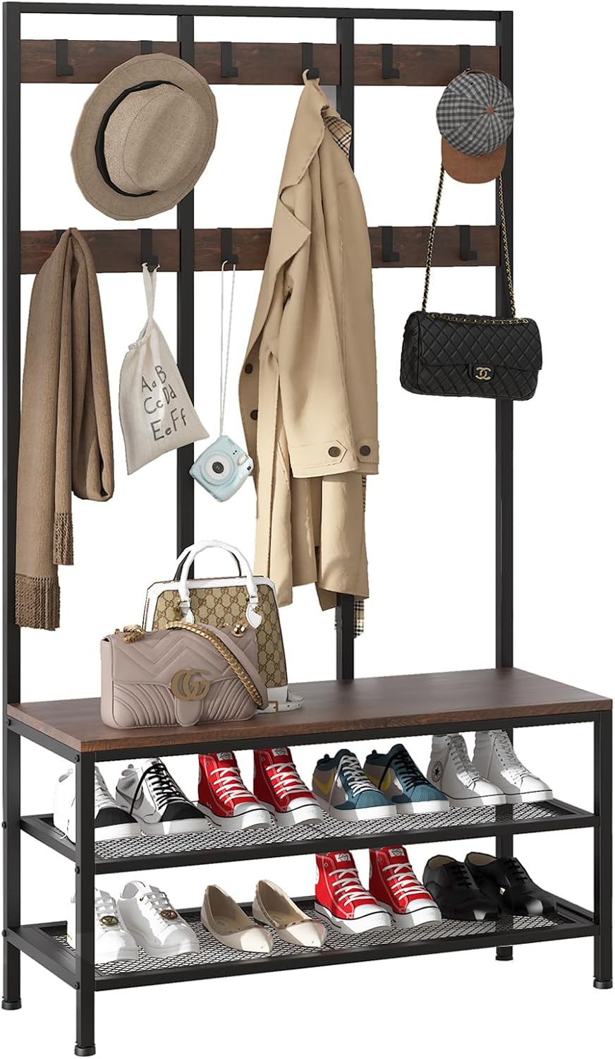 Dripex Large Coat Rack Stand Industrial Coat Stand with 12 Hooks and Shoe Bench Clothes Hat Rack Shelf Metal Frame for Bedroom Living Room Hallway