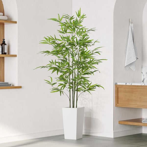 YOLEO 5FT/6FT Artificial Bamboo Tree with White Tall Planter, Lifelike Fake Silk Tree Indoor, Faux Bamboo Tall Plant for Living Room Bedroom Balcony Corner Office Deco