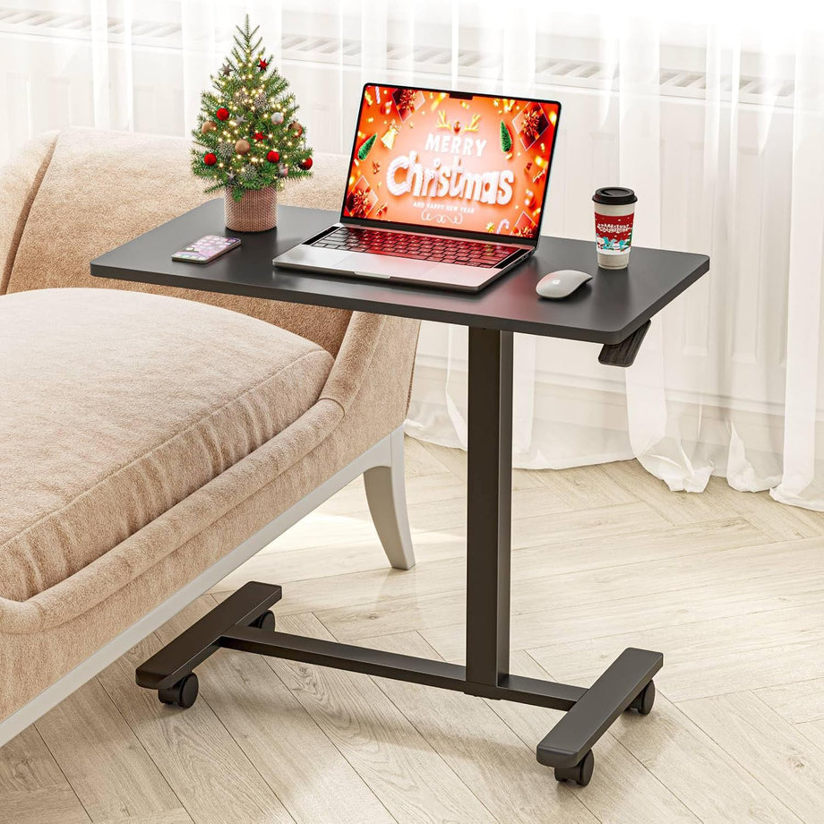 Dripex Pneumatic Height Adjustable Overbed Bedside Table with Wheels, 80 × 40 cm Standing C Shaped Laptop Desk, Small Rolling Bed & Sofa Side Table for Bedroom Living Room