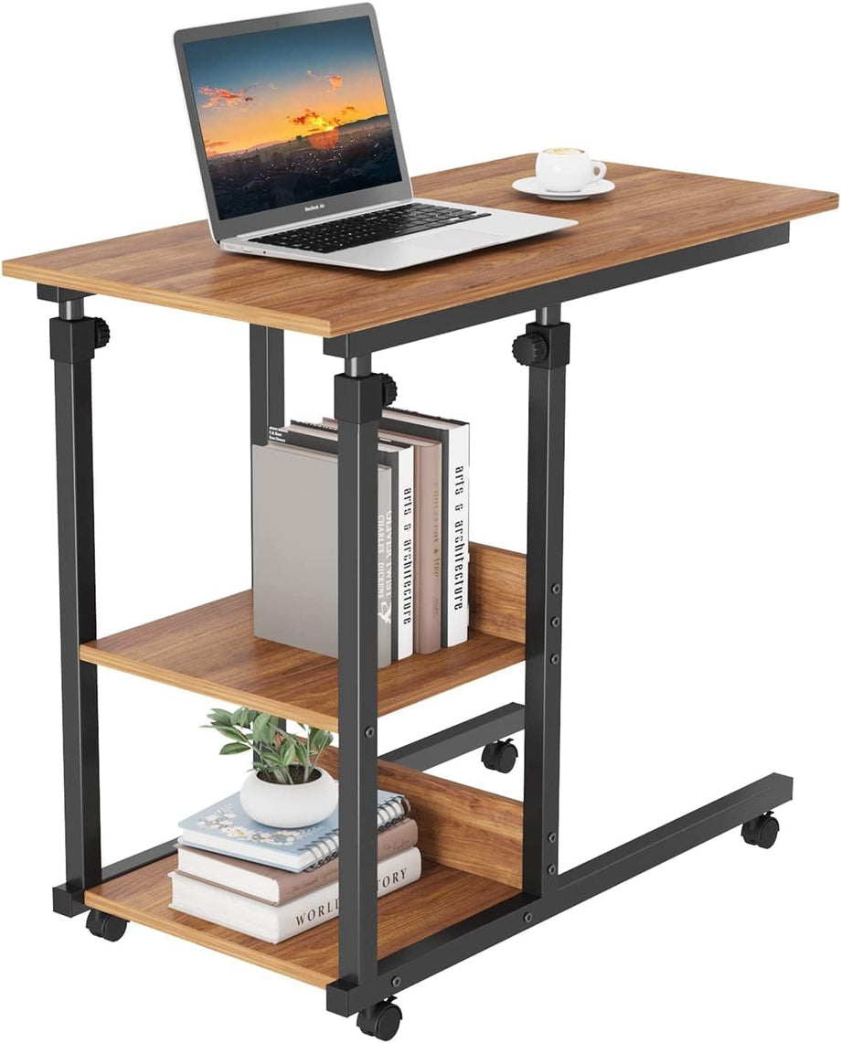 Dripex C Shaped Side Table, 80 x 40 x 68-89 cm Height Adjustable Overbed table with Wheels, Sofa Bedside Laptop Table with 2 Tiers Storage Shelves, Coffee Snack Table for Living Room, Bedroom