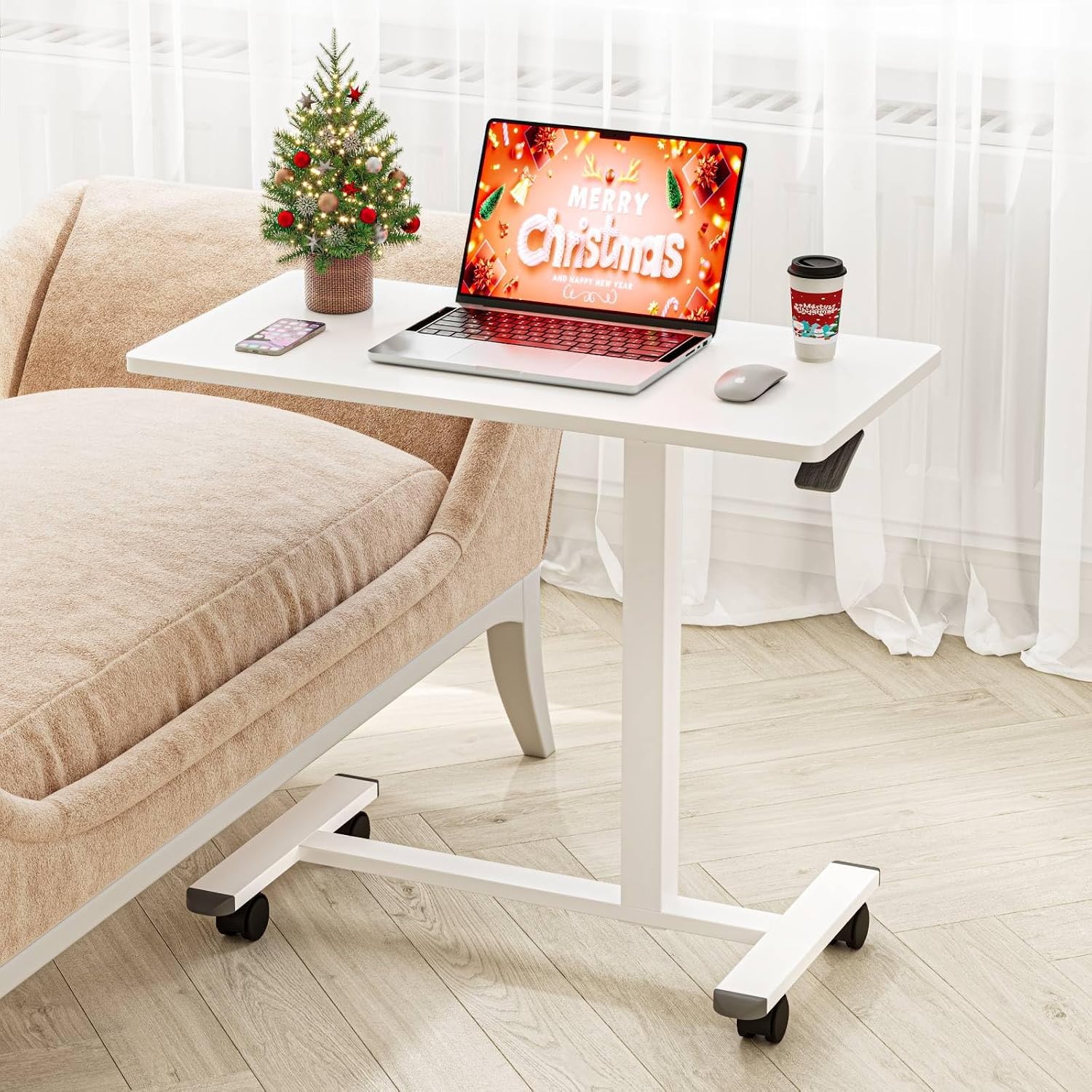Pneumatic Height Adjustable Overbed Bedside Table Wheels 80 × 40 cm Standing C Shaped Laptop Desk Small Rolling Bed &amp Sofa Side Table Bedroom Living Room
