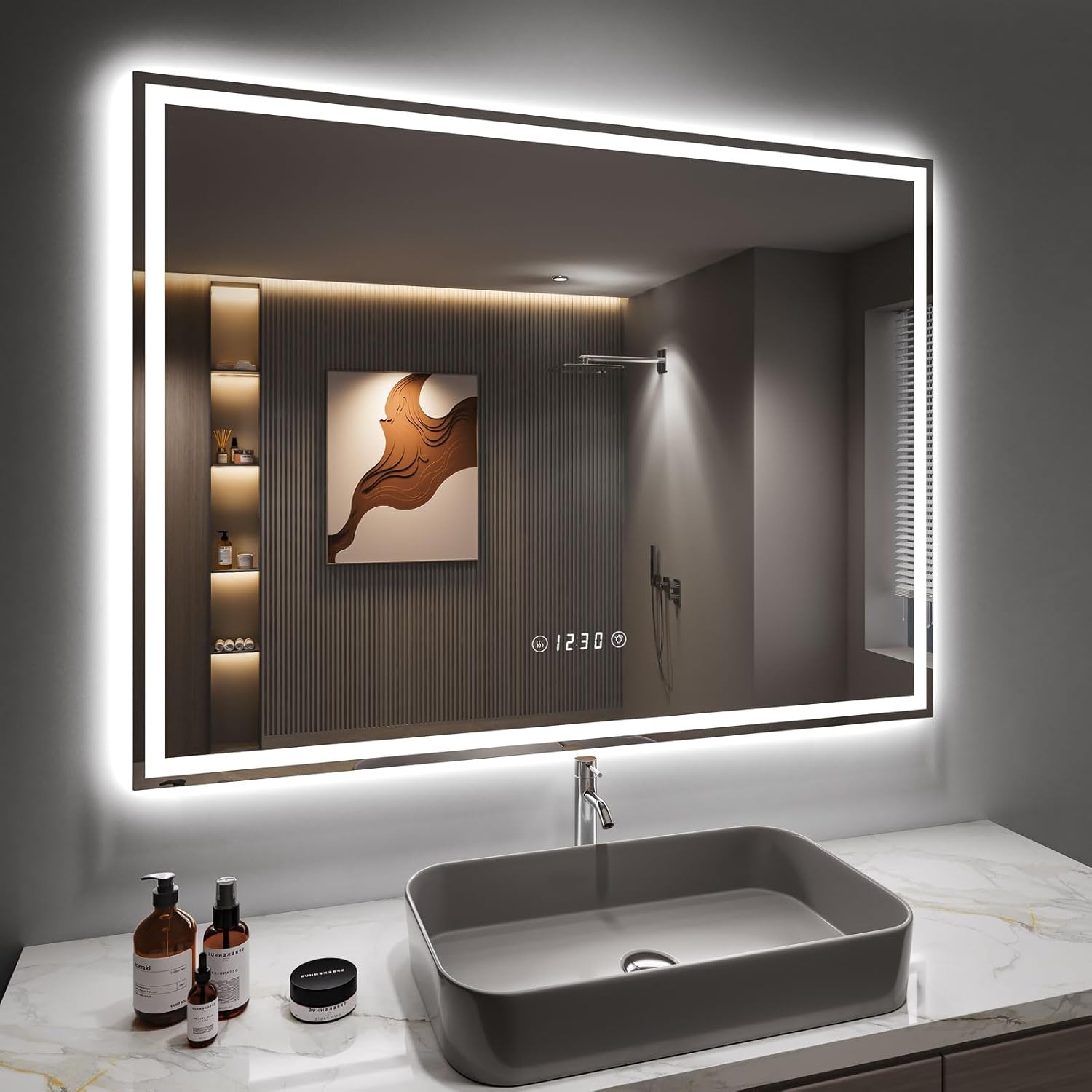 LED Bathroom Mirror Shaver Socket Clock 600 * 800 MM Dimmable 3 Colors Illuminated Backlit Wall Mounted Bathroom Mirrors Anti fog Vanity Mirror Horizontal Only