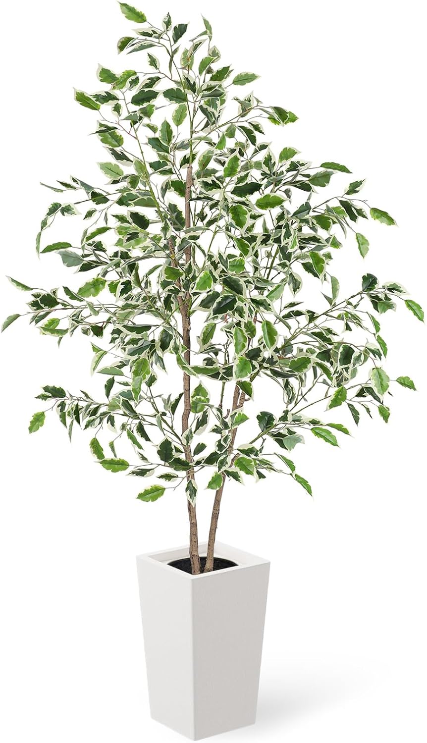 YOLEO 5FT Artificial Ficus Tree with White Tall Planter, Lifelike Fake Silk Tree Indoor, Faux Ficus Tall Plant for Living Room Bedroom Balcony Corner Office Decor