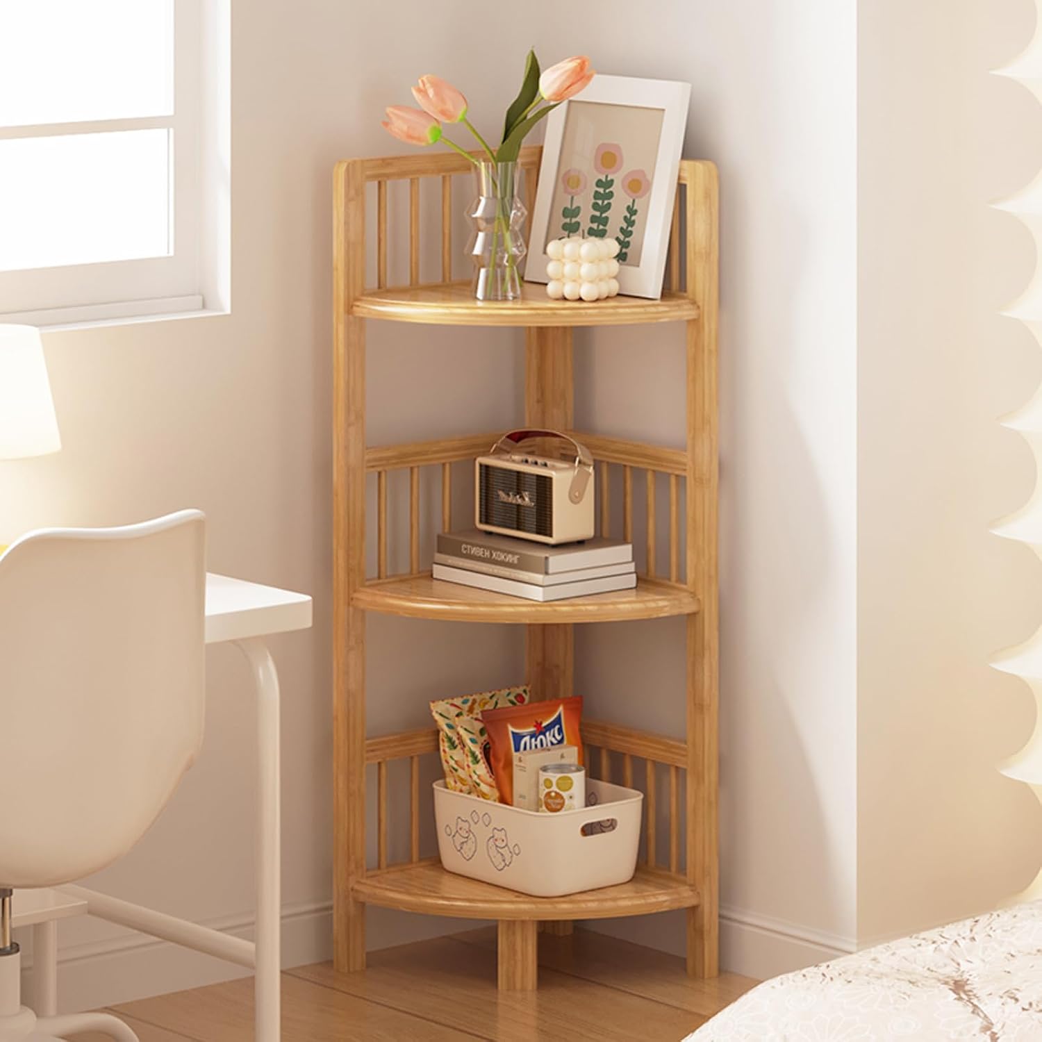 Bamboo Corner Shelf Narrow Bookshelf Small Space Floor Standing Storage Display Rack Living Room Bedroom Home or Office