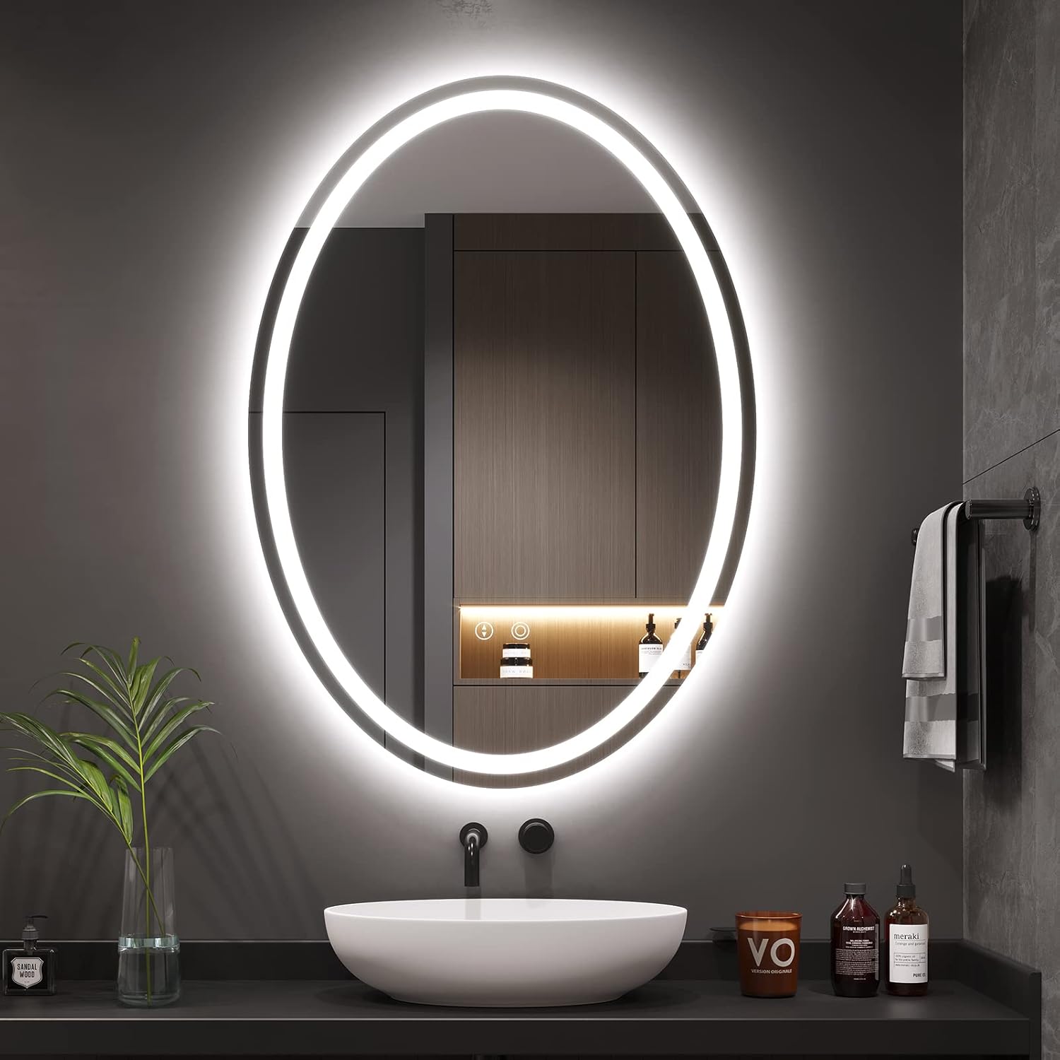 Oval LED Bathroom Mirror Light Illuminated Backlit Wall Mounted Bathroom Mirror 3 Colors Light Anti fog Dimmable LED Vanity Mirror Memory Function Touch Sensor IP44